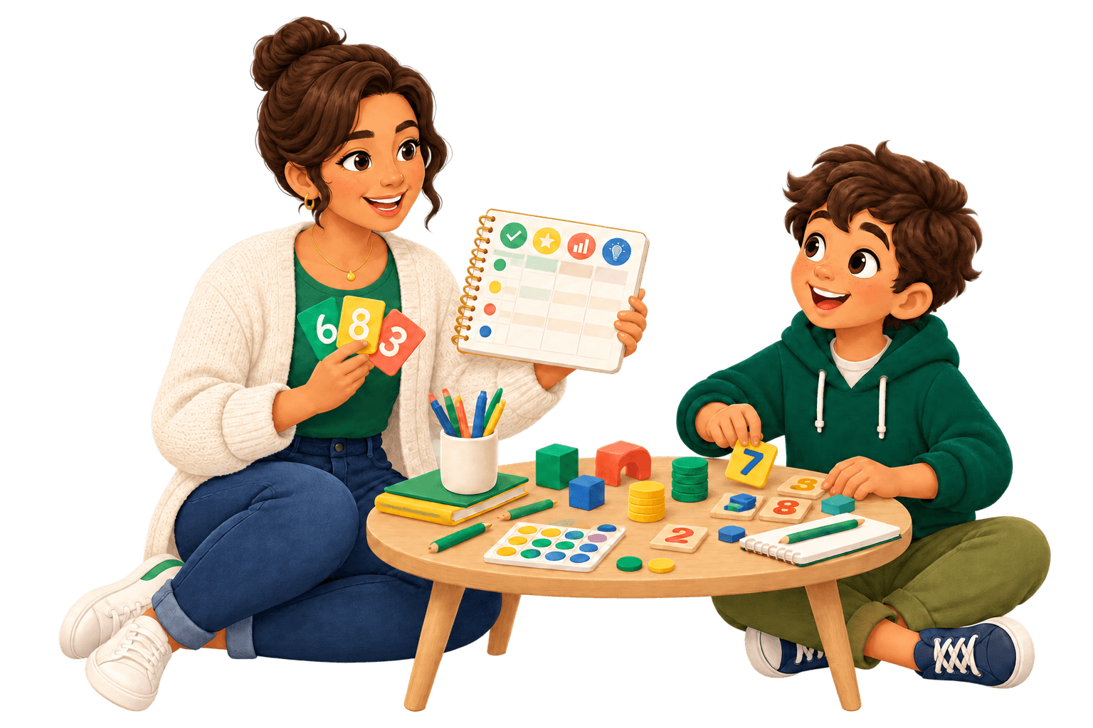 Ashley and Leo learning together at a table with books and number tiles